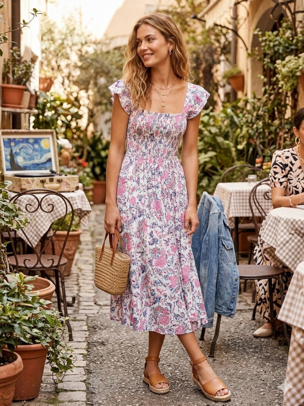 Caroline Constas Emmerson Smocked Midi Dress Floral Cotton Small Like New